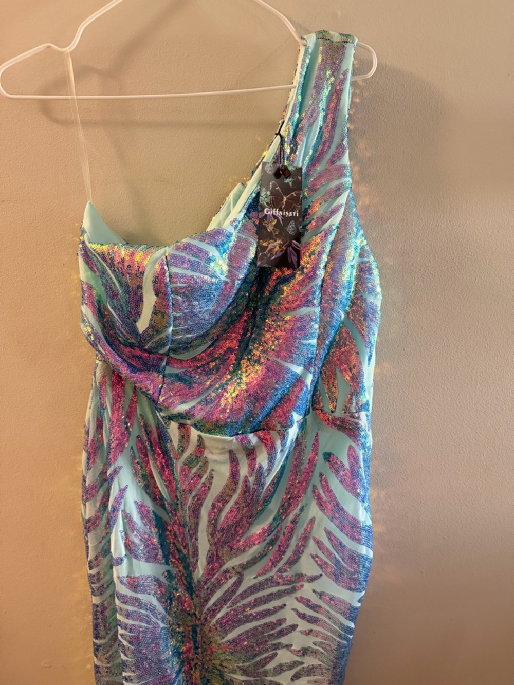 Women’s XL, Giffinsetti, Aqua & purple Iridescent Sequin Prom Dress - Picture 10 of 16
